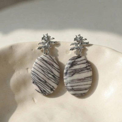 Striped Stone & Raw Silver Drop Earrings | Prime Ora