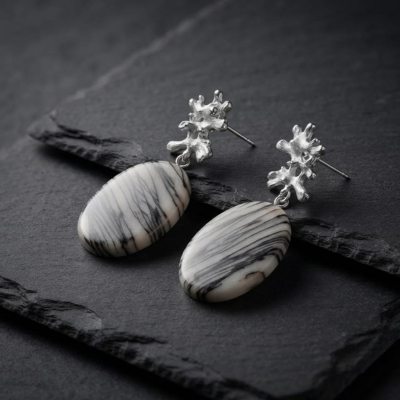 Striped Stone & Raw Silver Drop Earrings | Prime Ora